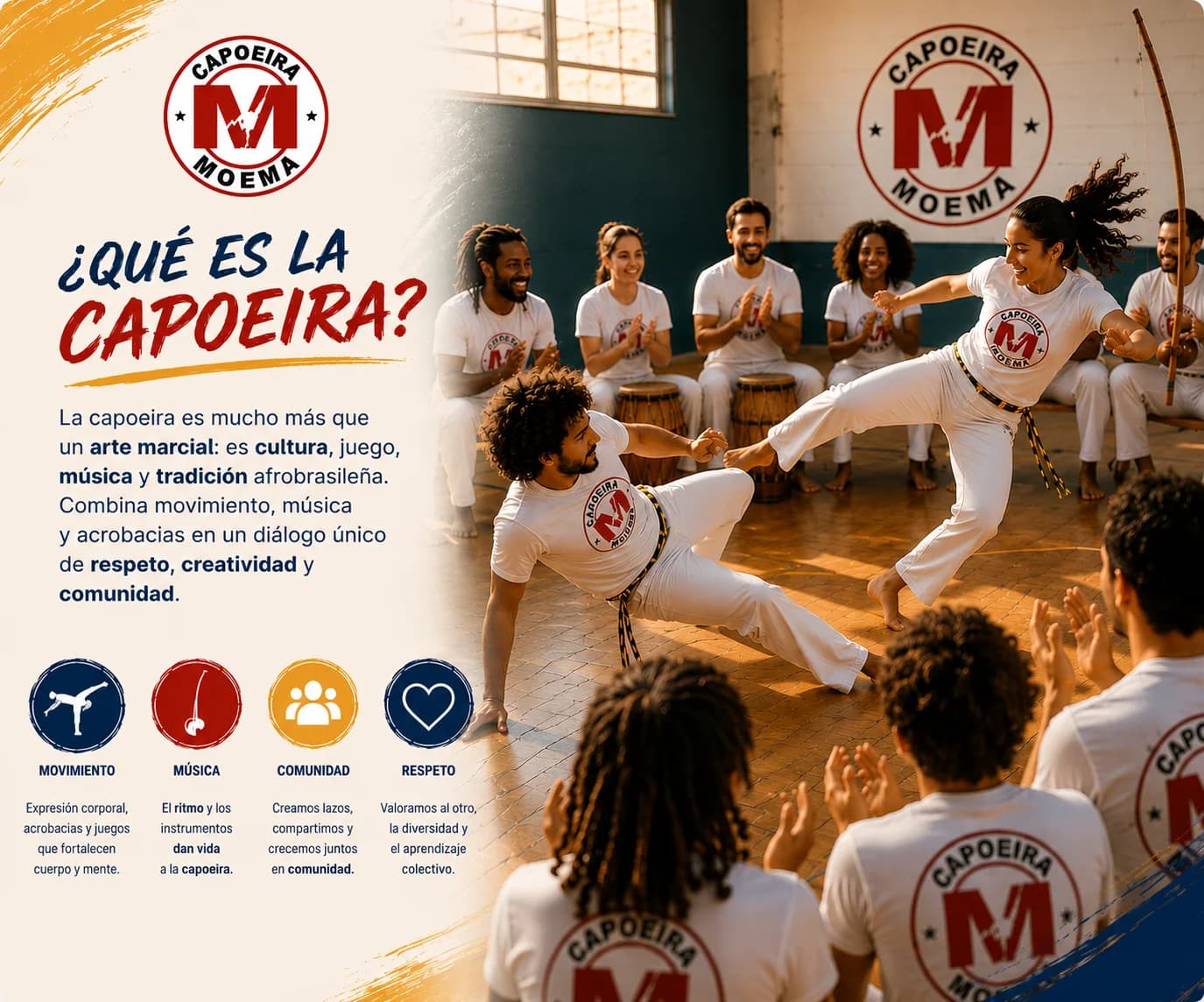 Roda de capoeira como expresión de movimiento, música, cultura y comunidad.